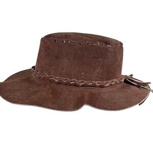 Brown Leather Suede Hat Braided Band Tassel Australian Bush Cowboy Mexico